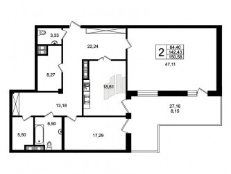Двухкомнатная квартира 149.5 м²